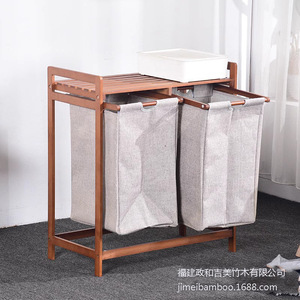 Panier à linge double compartiment en bambou et toile, support de rangement vertical pour vêtements, design simple - Product Image 1