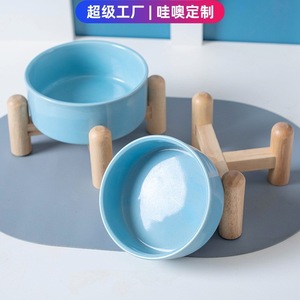 Bols en céramique pour chat et chien sur support en bois surélevé, distributeur d'eau et de nourriture, design moderne, forme arrondie, ensemble d'alimentation pour animaux de compagnie - Product Image 5