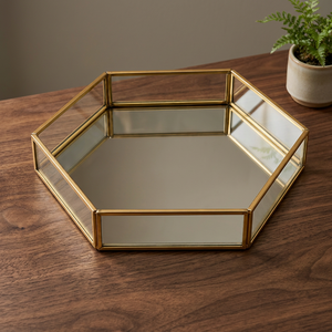 Plateau géométrique moderne en acier inoxydable avec cadre doré et surface miroir, décoration intérieure pour salle de bain, utilisation intérieure, baptême, anniversaire - Product Image 1