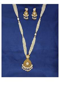 Traditional Gold Plated White Beaded <b>Necklace</b> <b>Set</b> with Antique Teardrop Pendant and Matching <b>Pearl</b> Dangle Earrings - Product Image 2
