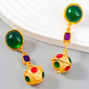 C&J Middle Ages Vintage 18K Gold Plated Long Dangle Round Ball Resin Rhinestone Earrings For Party