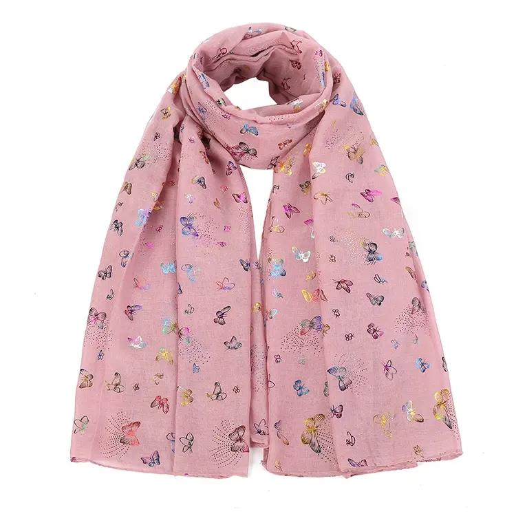 Hot Sale Soft Polyester Scarf Fashionable Glitter Butterfly Print Shawl Big Size for Women for Spring All-Season Style