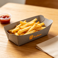 Boîte en carton à compartiments séparés, personnalisable, pour commandes en gros de snacks frits variés, destinée aux restaurants, buffets et traiteurs.