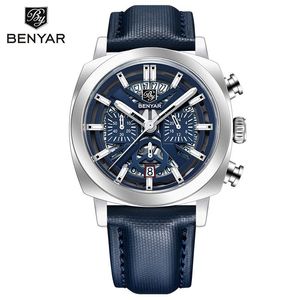 Montre chronographe squelettée Benyar 43 mm, date lumineuse, quartz analogique pour homme, bracelet en cuir noir, étanche 50 m - Product Image 5