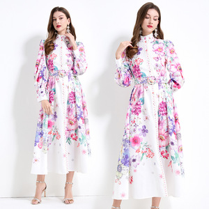 Vintage Stand Collar <strong>Printed</strong> Long <strong>Skirt</strong> Women European and American Elegant Dress - Product Image 2