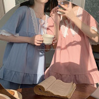 Pyjama d'été en coton tricoté pour femme, manches courtes, respirant, doux, avec dentelle, mode décontractée, taille élastique