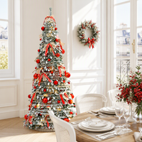 Vente en gros directe d'usine, arbre de Noël floqué pré-éclairé de 6 pieds, arbre de Noël pliable facile à assembler avec des ornements en ruban