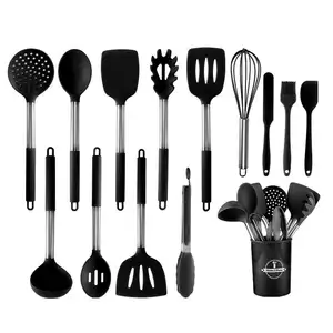 Amazon 14 Pcs Nero Del Silicone Strumenti di Cottura Della Cucina Utensili Set E Accessori Supporto Con Maniglia In Acciaio Inox