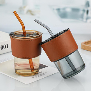 Canecas de Café Modernas Reutilizáveis de Vidro Isolado Ecológicas de 400ml à Prova de Vazamento com Suporte de PU de Padrão Sólido para Volta às Aulas - Oferta Imperdível - Product Image 4