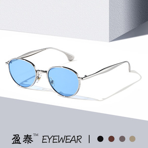 Oval Metal <b>Sunglasses</b> Silver Frame <b>Blue</b> Lens UV400 Protection Women's Fashion Retro Style - Product Image 1
