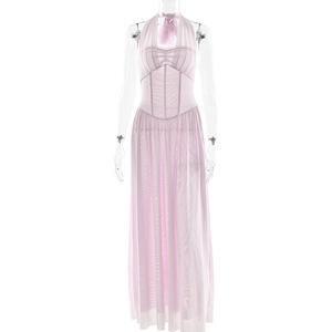 Vestido Largo de Noche con Cuello Halter, Escote en V, Cintura Imperio, Sin Espalda, Plisado y Translúcido - Product Image 5