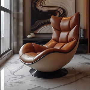 Sillón Individual de Lujo Nórdico, Silla de Diseño para Sala de Estar, Giratoria e Inclinable, con Estructura de Cuero Genuino - Product Image 3
