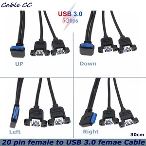 USB3.0 <span class=keywords><strong>90</strong></span> ° Câble de panneau USB 3.0 A femelle double port, coudé à droite, 20 broches <span class=keywords><strong>Fe</strong></span>-femelle vers 2 ports USB 3.0 A femelle, pour carte mère US-B 3.0 19/20 broches femelle - Product Image 1