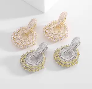 Fashion Sparkly Yellow Cubic Zircon Chunky Big Dangle Drop Huggie Earrings For Women Evening Party Bridal Costume Jewelry