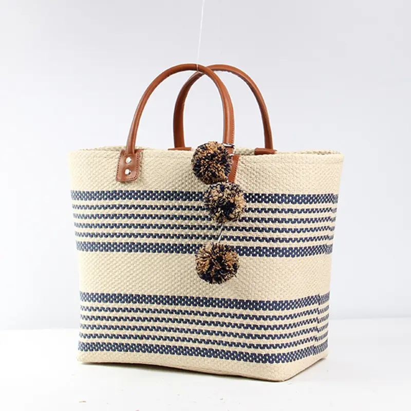 Bolso de playa para mujer, bolsa de mano tejida a la moda, con asa de cuero, venta al por mayor