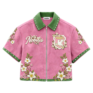 Custom Zipper <strong>Suede</strong> Jacket Streetwear Worker Short Sleeve Rhinestone Embossed Embroidery Work <strong>Shirt</strong> Boxy Cropped Top t <strong>Shirt</strong> Men - Product Image 2