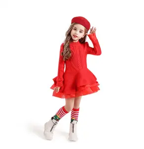 Winter Knitted Chiffon Girl Dress Christmas Party Long Sleeve Children Clothes Kids Dresses For Girls New Year Clothing