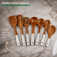 Ensemble d'ustensiles de cuisine en bois de 7 pièces de qualité supérieure, cuillères et spatules en bois massif naturel pour la maison avec des poignées peintes élégantes