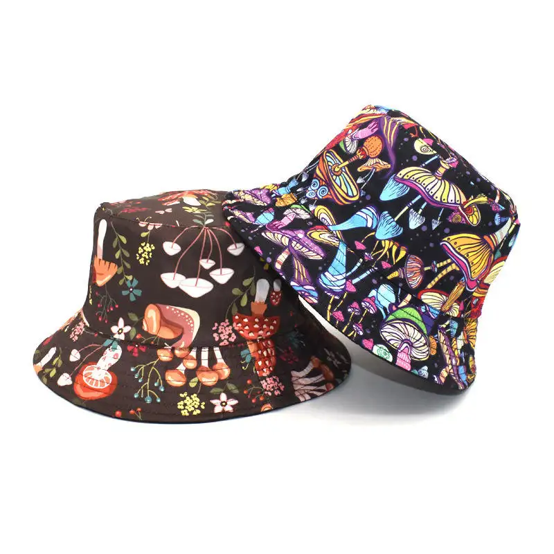 Chapéu de sol de lazer ao ar livre com padrão de cogumelo reversível unissex, chapéu de balde dobrável para homens e mulheres