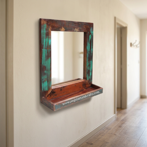 Miroir mural vintage rustique en bois récupéré avec étagère, décoration murale pour salon, chambre, entrée, salle de bain - Product Image 3