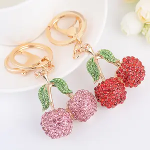 Lovely glitter Fruit Cherry with Leaves Crystal bling Key chains charm Key ring Rhinestones Pendant Handbag Charm Fruit keychain