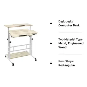 Home Office Rolling Table Laptop Desk Mobile Bedside Table Rolling Height Adjustable Computer Table Study Desk with 4 Wheels