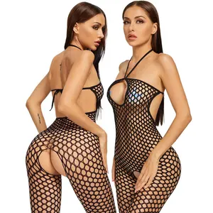 Kadın tam örgü Bodysuit şeffaf iç çamaşırı kolsuz striptizci kıyafetler tulum seksi lingeries kıyafeti