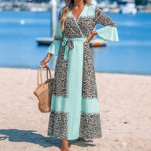 BYJ002 Robes d'été tendance pour femmes, décontractées et élégantes, imprimées léopard, col en V, manches évasées, à lacets, <span class=keywords><strong>robe</strong></span> longue ajustée, <span class=keywords><strong>plage</strong></span> - Product Image 4