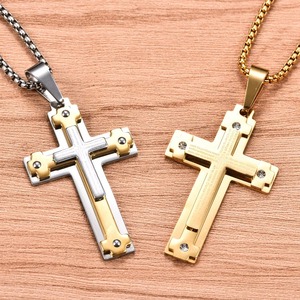 Colgante de cruz cristiana con circonita, collar de acero inoxidable de triple capa, amuleto religioso de oración, joyería de fe - Product Image 6