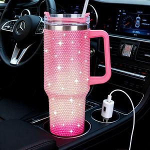 Luxury 40 Oz Stainless Steel Tumbler Handle Lid Bling Rhinestone for Party Vacuum <b>Insulated</b> Portable Car <b>Mug</b> - Product Image 1