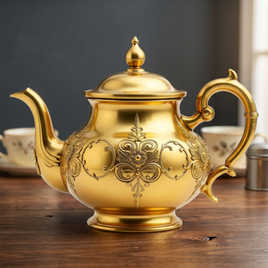 Théière vintage dorée avec couvercle et poignée, pot à eau en métal au design décoratif - Product Image 4