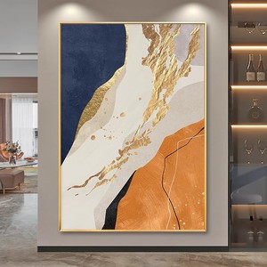 Peinture à l'huile abstraite, orange, or, bleu, cadre métallique, art contemporain, grande décoration murale pour entrée, salon, fond de canapé - Product Image 3