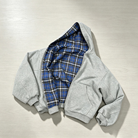 Hoodie Pria Oversize Custom Retro Kotak-kotak Tebal Dua Sisi Bolak-Balik French Terry Resleting Bahu Jatuh