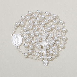 Ciondolo croce di gesus <span class=keywords><strong>argento</strong></span> placcato in rame <span class=keywords><strong>925</strong></span> Sterling <span class=keywords><strong>argento</strong></span> brillante 6mm perline <span class=keywords><strong>rosario</strong></span> vergine maria collana gioielli religiosi - Product Image 2