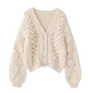 Nhà Máy OEM Tùy Chỉnh Mùa Xuân Mùa Thu Thiết Kế Giản Dị Phụ Nữ Lỏng Lẻo Dệt Kim Áo Len Áo Tops Cardigan Cho Phụ Nữ