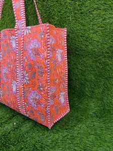 Quilted Tote <b>Bag</b> 100% Cotton Handpainted Floral Yogic Design Eco-Friendly Sustainable Boho Weekend Beach Shopping Shoulder Patch - Product Image 2