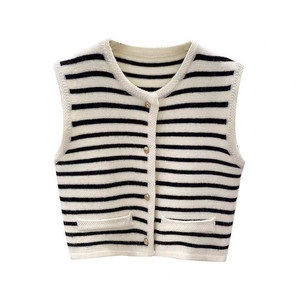 <strong>Women's</strong> Casual Black and White Striped <strong>Sleeveless</strong> Knitted Vest Coat for Spring and Autumn Outer Wear Sweater <strong>Cardigan</strong> - Product Image 4