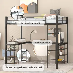 Hot Sale Twin Size Loft Bed with Desk and Storage Shelves Metal Loft Bed Frame with Side Ladders Safety