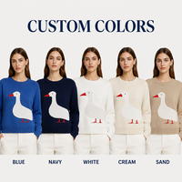 Pull en tricot blanc à motif canard mignon pour femme, bleu roi, style coréen vintage, à manches longues