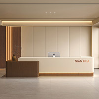 Comptoir de réception moderne de luxe bicolore en MDF avec bande LED, comptoir de caisse droit pour bureau d'entreprise, hall d'hôtel