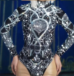 Combinaison moulante noire sexy avec strass pour femme, tenue de pole dance, costume de festival, performance scénique, soirée en club - Product Image 2