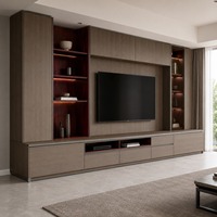 Lemari TV Custom dengan Konsol Berdiri di Lantai, Rak Terbuka Berlampu, dan Penyimpanan Media Dinding Lengkap untuk Ruang Tamu