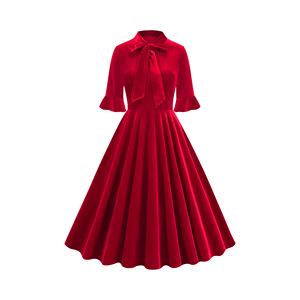 <span class=keywords><strong>Abito</strong></span> <span class=keywords><strong>Midi</strong></span> Elegante da Donna in <span class=keywords><strong>Velluto</strong></span> con Collo Alto, Stile Impero, Vestibilità Svasata, Tinta Unita, Maniche con Volant, Stile Vintage Retrò, per Autunno - Product Image 2