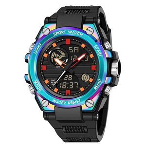 Montre-bracelet tendance pour homme, montre numérique de sport, montres numériques colorées dorées à double fuseau horaire pour garçons et enfants - Product Image 1
