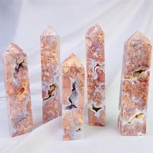 Wholesale natural high quality pink agate druzy crystal points reiki geode crystal tower for gifts decoration
