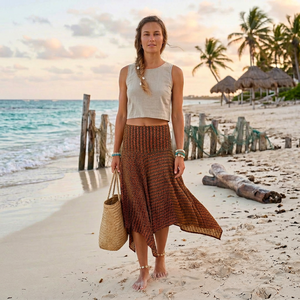 Women's Ankle-Length Woven Bohemian <b>Asymmetrical</b> Geometric Pattern 100% Cotton Eco-Friendly A-Line Design Skirt Natural Waist - Product Image 1