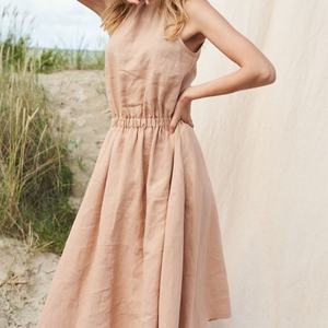 Vestido Midi de Lino de Verano de Alta Calidad para Mujer al por Mayor, con Cuello Halter, Cintura Ajustable y Abertura, Elegante y sin Mangas - Product Image 3