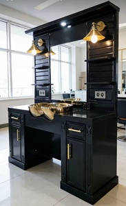 Station de lavage des cheveux de style antique noire <span class=keywords><strong>pour</strong></span> salon de coiffure avec évier et armoire miroir - Product Image 2