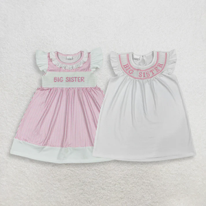 Vestido de verano transpirable con rayas rosas y mangas con volantes para hermanas, estilo smock, hasta la rodilla - Product Image 1