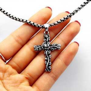 Yunnique Rose Relief <b>Cross</b> Pendant Necklace Stainless Steel Vintage Link <b>Chain</b> Unisex Fashion Jewelry - Product Image 4